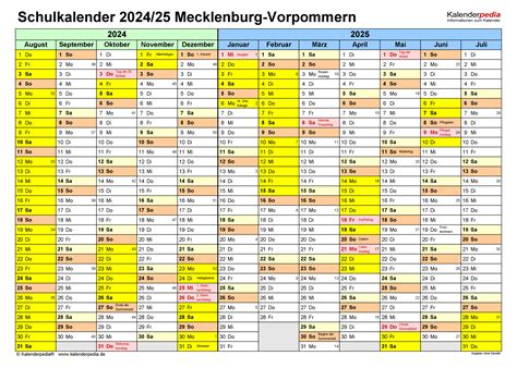 Schulkalender 2024 2025 Mecklenburg Vorpommern für PDF