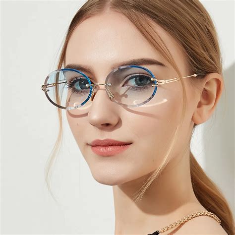 Fashion Brand Designer Rimless Oval Sun Glasses Gradient Women Sunglasses Blue Luxury Metal