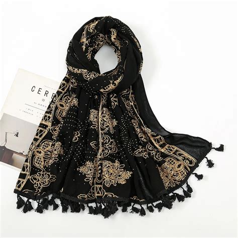 Foulard Azt Que En Viscose Avec Pompon Floral En Or Bronzant Foulard En