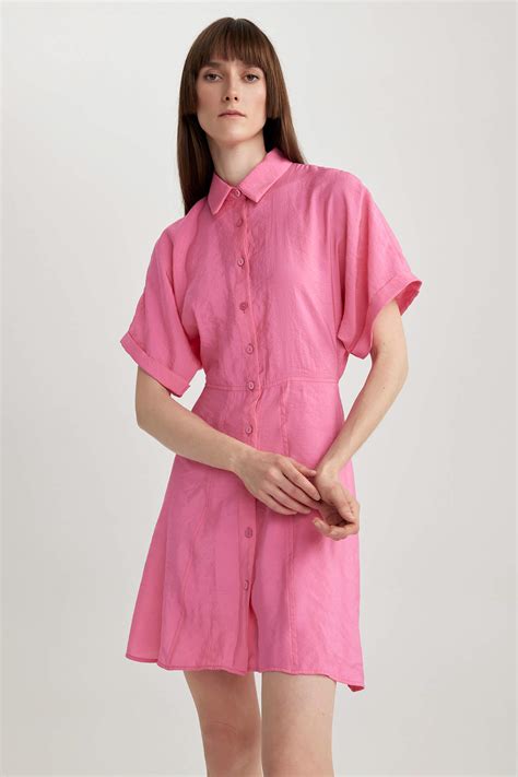 Pink Woman Shirt Collar Modal Bat Sleeve Mini Short Sleeve Dress 2818835 Defacto