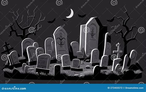 Cemetery Landscape At Night Tombstone With RIP Inscription Cartoon