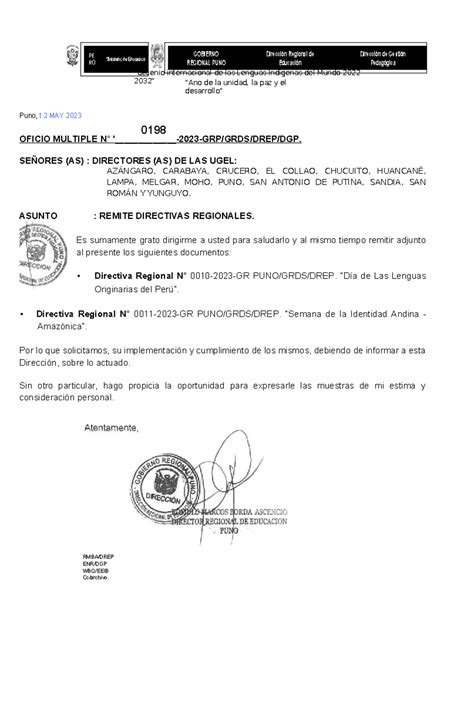 AÑO Nuevo Andino Oficio Múltiple N 0198 2023 GRP DREP DGP Directiva