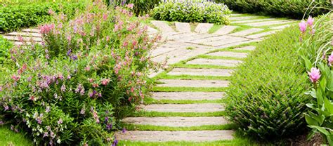 Limestone steps in luscious green garden - Limestone