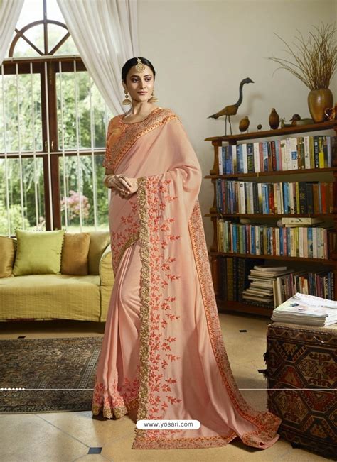 Buy Light Peach Satin Silk Embroidered Designer Party Wear Saree