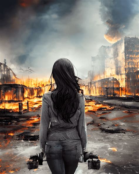 Post Apocalyptic Good Looking Black Haired Shy Girl In Destroyed City