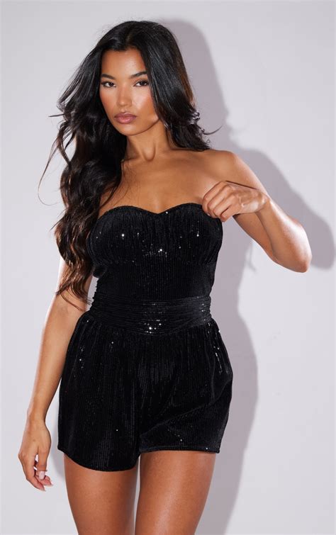 Black Velvet Sequin Bandeau Ruched Bust Playsuit Jumpsuits And Playsuits Prettylittlething