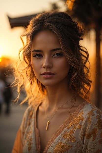 Premium Ai Image Elegant Woman In A Golden Hour Cityscape With Warm