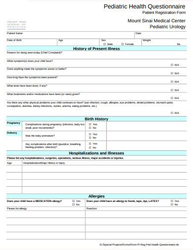 10 Pediatric Health Questionnaire Templates In Pdf Doc