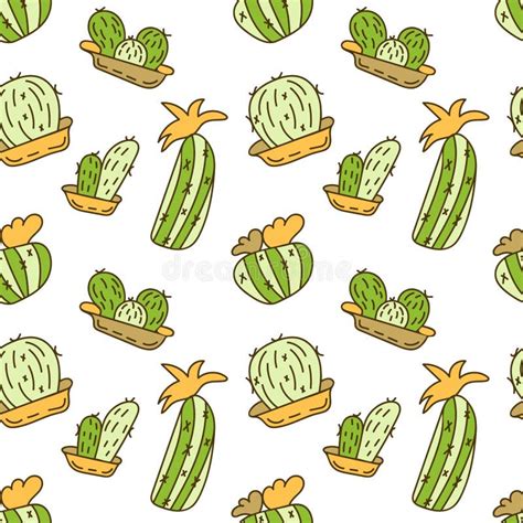 Blooming Cacti In Pots Hand Drawn Seamless Vector Pattern In Simple