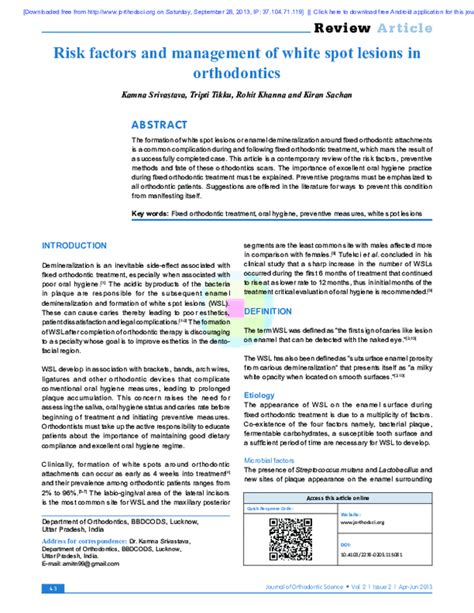 (PDF) Risk factors and management of white spot lesions in orthodontics | rohit khanna ...