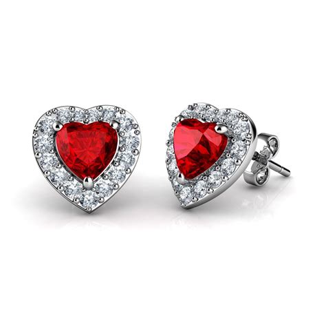 DEPHINI Red Heart Earrings 925 Sterling Silver Heart Stud CZ Crystal