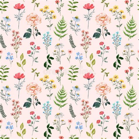 Watercolor Floral Seamless Pattern With Small Ditsy Wildflowers On Pink