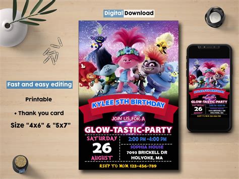 Trolls Birthday Invitation, Trolls Invitation Digital Card, Printable ...