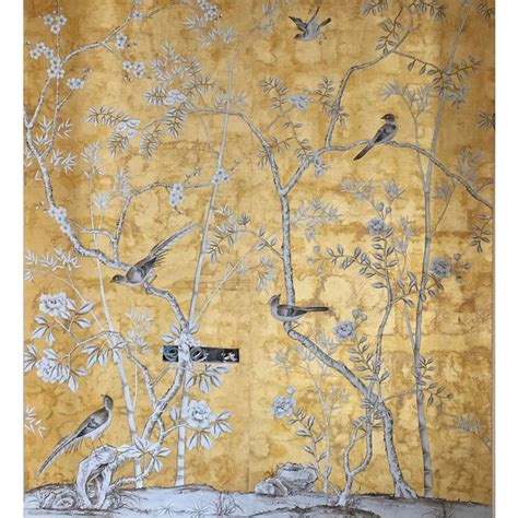 Chinoiserie Hand Painted Bamboo Floral Wallpaper Panel Mural On Gold