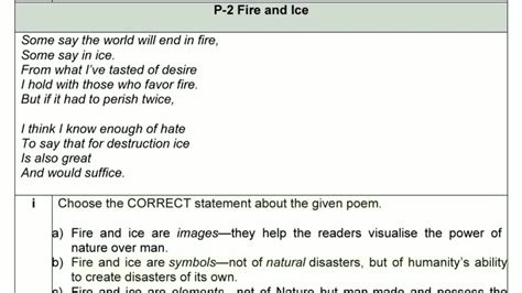 Fire And Ice Poem Mcq Class 10 English Some Say The World Will End In Fire Youtube