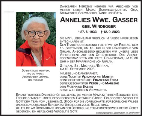 Traueranzeigen Von Annelies Gasser Trauer Bz