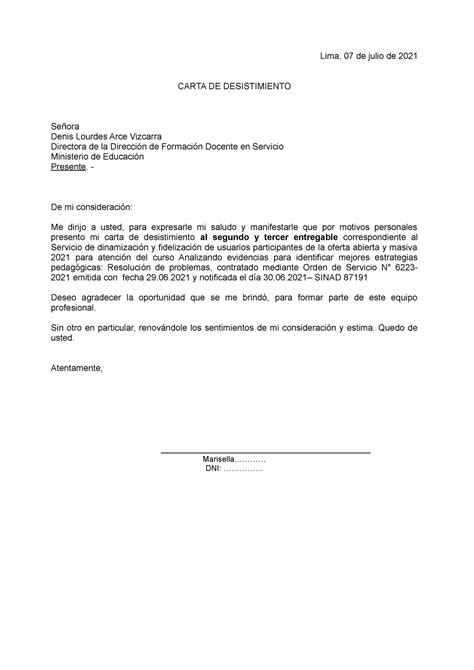 Carta De Desistimiento Modelo Lima De Julio De Carta De