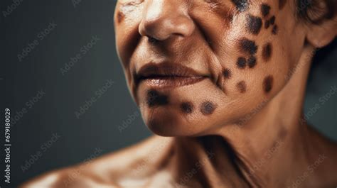 Vitiligo , close-up of age pigment spots on the face skin of an old human, cosmetic procedure ...