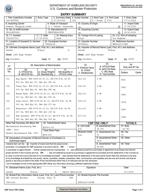 Customs Declaration Cbp Form 7501 Download Free Pdf Customs Invoice