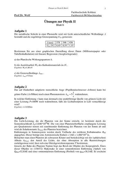 Phys II blatt 6 Physik 2 Übung Übungen zur Physik II Blatt 6 1