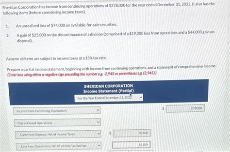 Solved Sheridan Corporation Has Income From Continuing Chegg