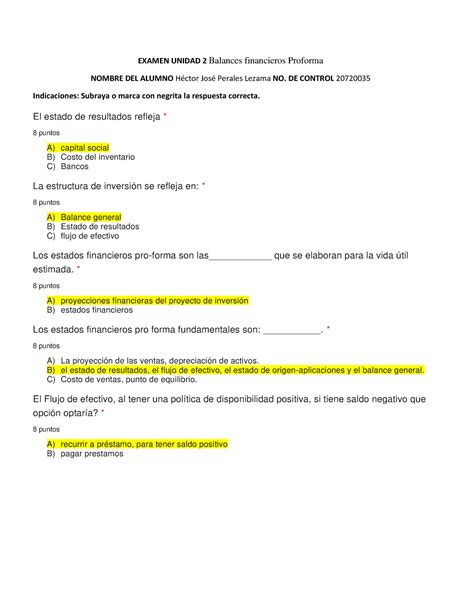 Examen Unidad II Balances Financieros Proforma EXAMEN UNIDAD 2