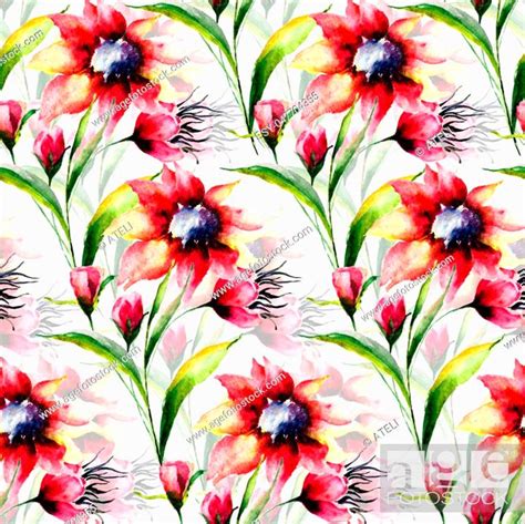 Seamless wallpaper with wild flowers, watercolor illustration, Stock Photo, Picture And Low ...