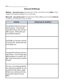 Discount And Markup Worksheet By Middle School Mathgician Tpt