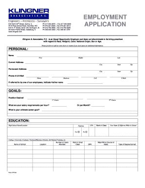 Fillable Online EMPLOYMENT APPLICATION Klingner Associates Fax Email