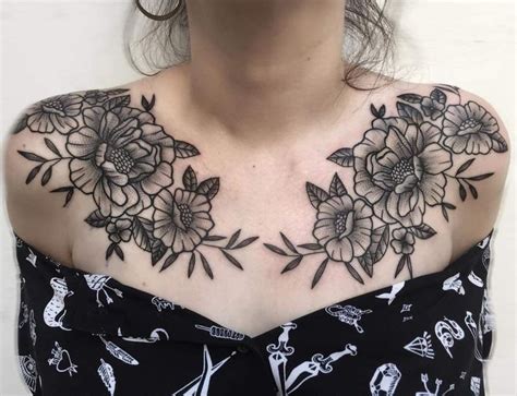 Black And White Flower Chest Tattoos