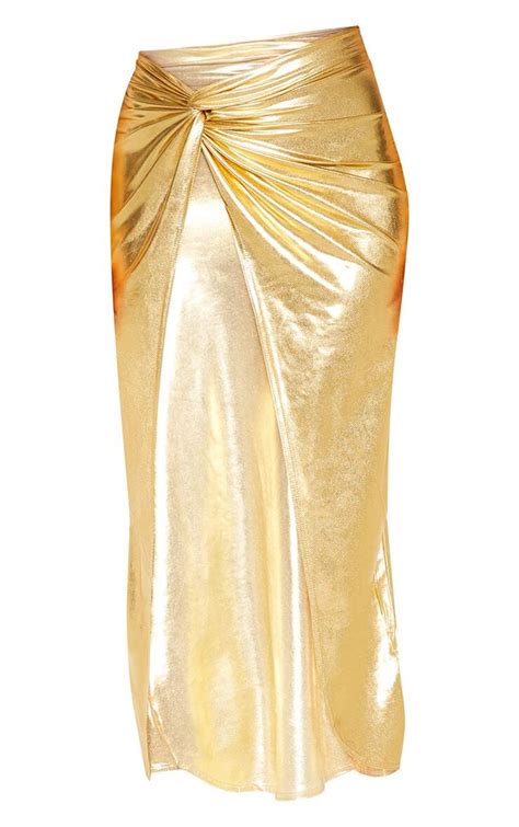 Gold Metallic Slinky Knot Front Midi Skirt Prettylittlething Usa