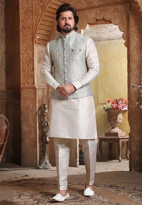 Buy Embroidered Art Silk Kurta Jacket Set In Off White And Grey Online