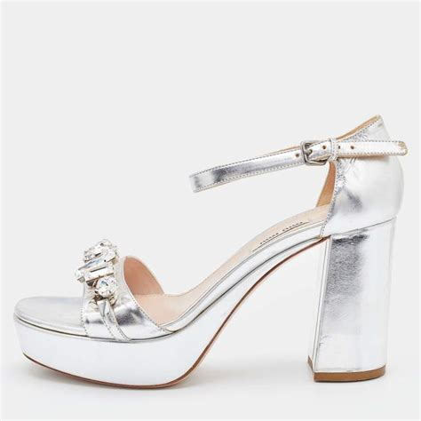 Miu Miu Metallic Silver Leather Crystal Embellished Block Heel Ankle