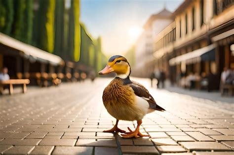 Un pato está parado en una pasarela de ladrillos en una ciudad Foto