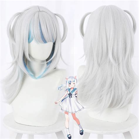 Anime Hololive Cosplay Wig Virtual Idol Gawr Gura Wig 55cm Silver Blue ...