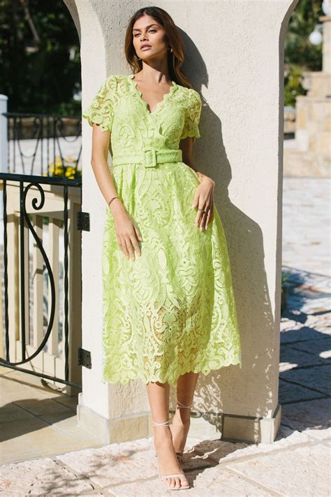 Buy Lipsy Green Premium V Neck Belted Lace Short Puff Sleeve Midi Dress