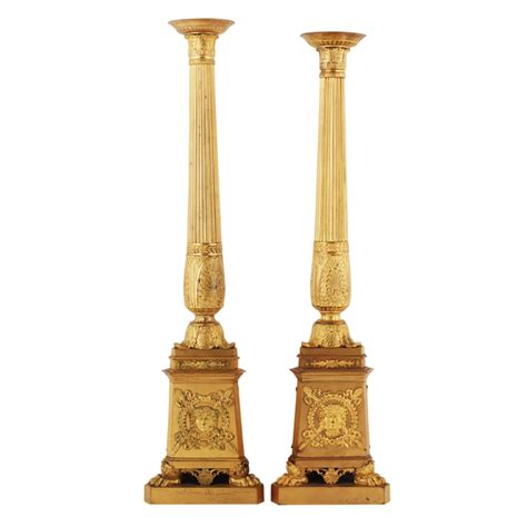 Antique French Empire Style Gilt Bronze Corinthian Column Candlesticks