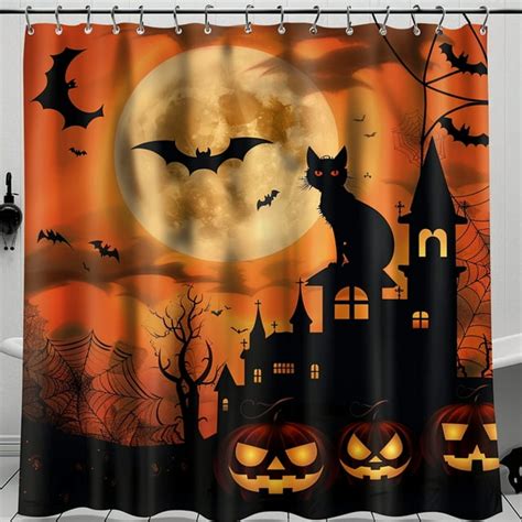 Spooky Halloween Shower Curtain With Orange Moon Black Cat Pumpkins And