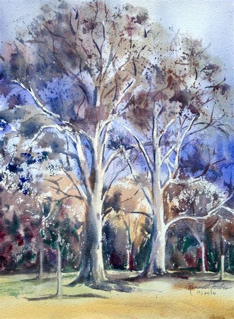 White Oak Trees Original Watercolor Sunlit Trees In The Park Early Spring Yellow Violet Small