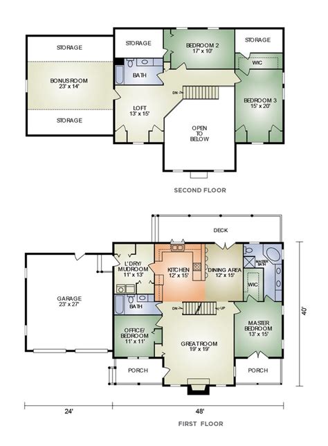 two floor plans for the first and second floors