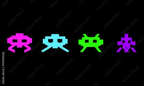 Aliens or monsters icon set. Retro style pixel video game background ...