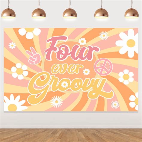 Four Ever Groovy Happy Birthday Backdrop Banner Retro Hippie Boho Girl