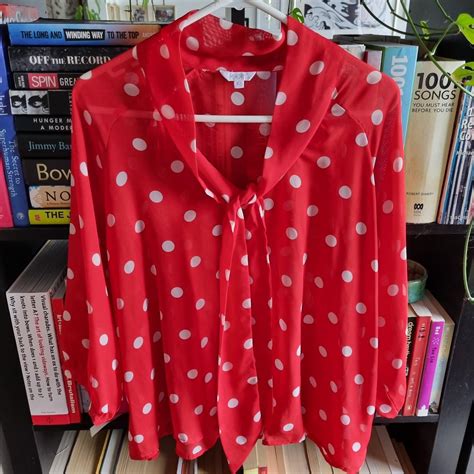 Red Spotted Shirt With Pussy Bow Three Quarter Depop