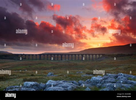 Ribblehead Viaduct At Sunset Yorkshire Dales National Park England