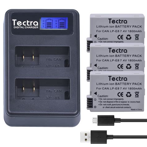 Tectra 3pcs Lp E8 Lpe8 Lp E8 7 4v 1800mah Li Ion Battery Lcd Usb Dual