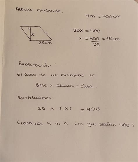 halla la altura en m de un romboide cuya base mide 25 cm y su área es