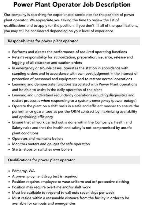 Power Plant Operator Job Description Velvet Jobs