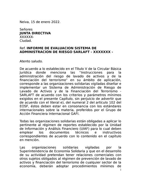 Informe Sarlaft Revisor Fiscal Neiva De Enero Se Ores Junta