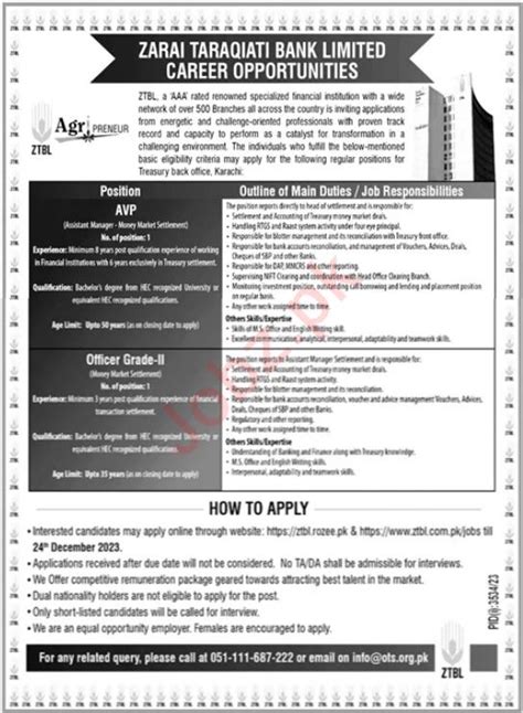 Zarai Taraqiati Bank Limited Ztbl Jobs Via Ots Job