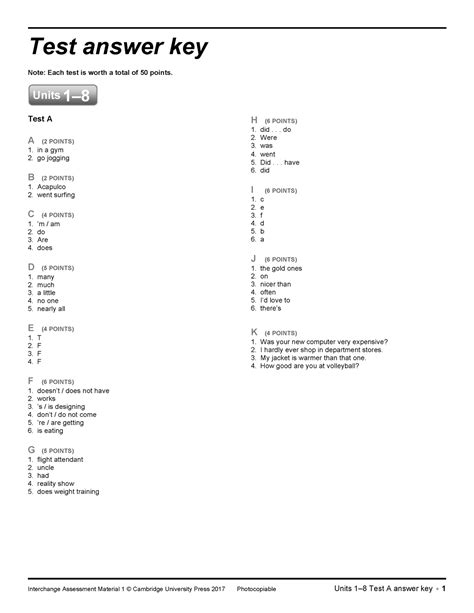 Ic L T To A Key Ingl S Basic Interchange Assessment Material